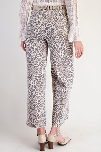 Easel Mocha Washed Animal Print Twill Pants