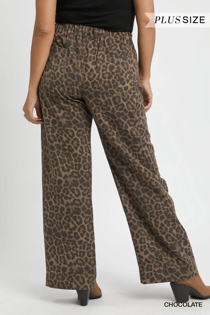 Umgee Plus Size Chocolate Animal Print Non- Stretch Wide Leg Pants