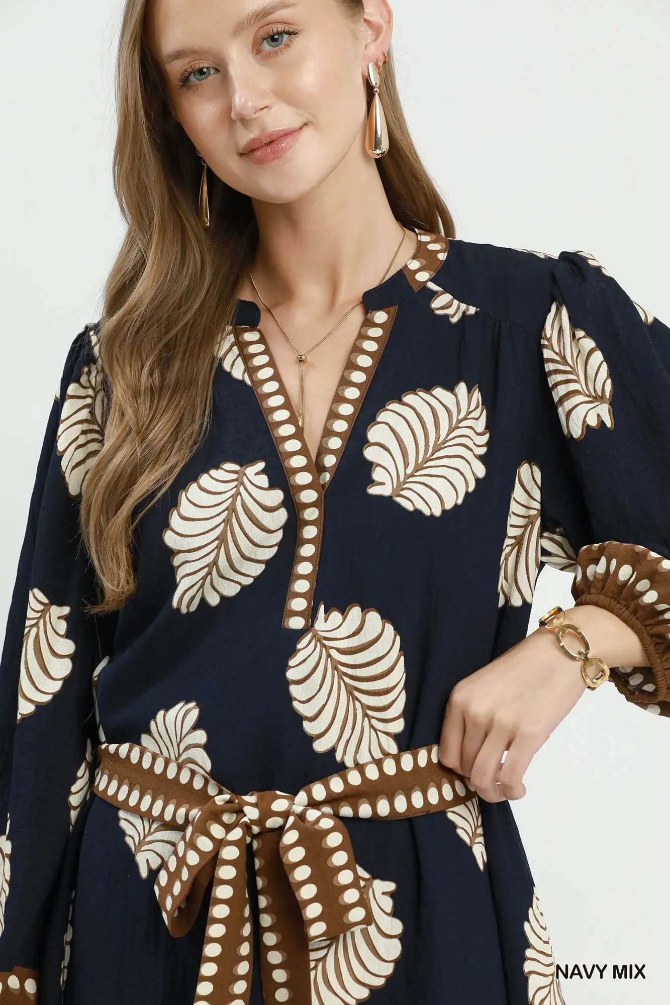Umgee Navy Mix Leaf Print Belted Midi Dress