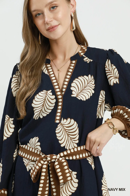 Umgee Navy Mix Leaf Print Belted Midi Dress