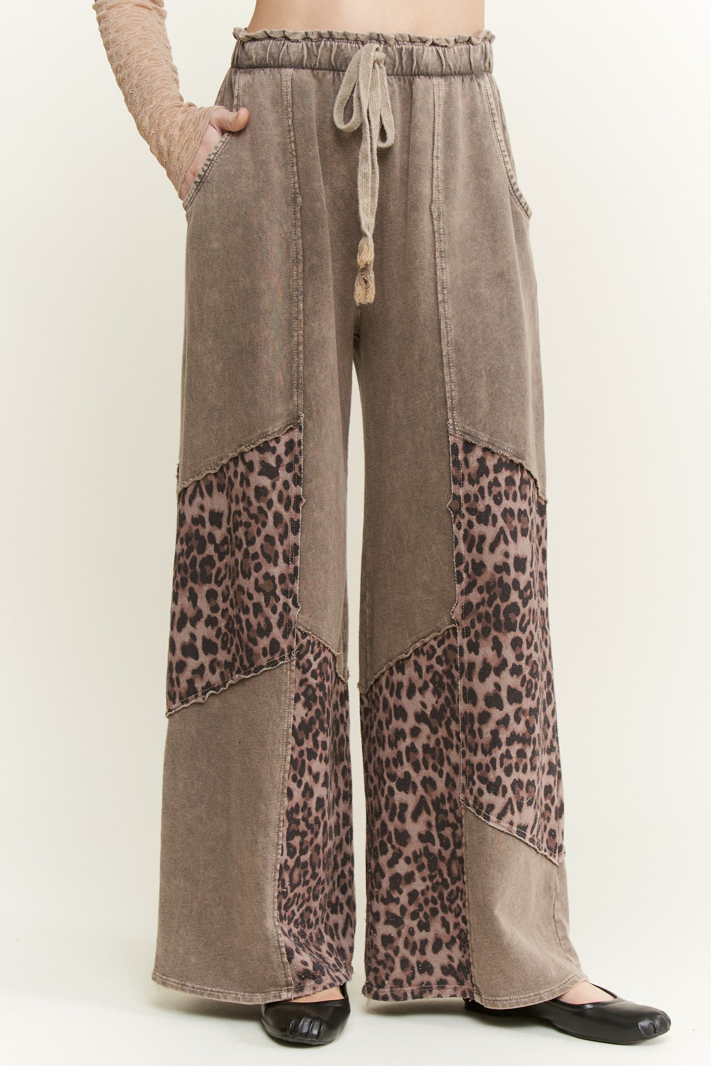 J. Her Ashed Oak Mineral Washed Leopard Animal Patchwork Pants