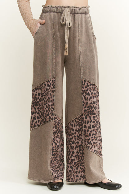J. Her Ashed Oak Mineral Washed Leopard Animal Patchwork Pants