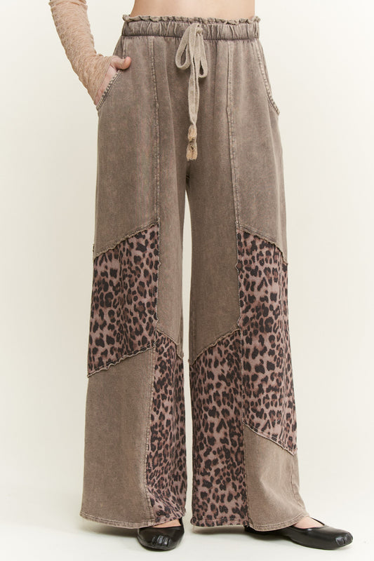 J. Her Ashed Oak Mineral Washed Leopard Animal Patchwork Pants