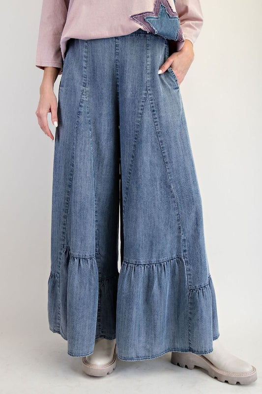 Easel Plus Size Ruffle Bottom Hem Washed Denim Palazzo Pants