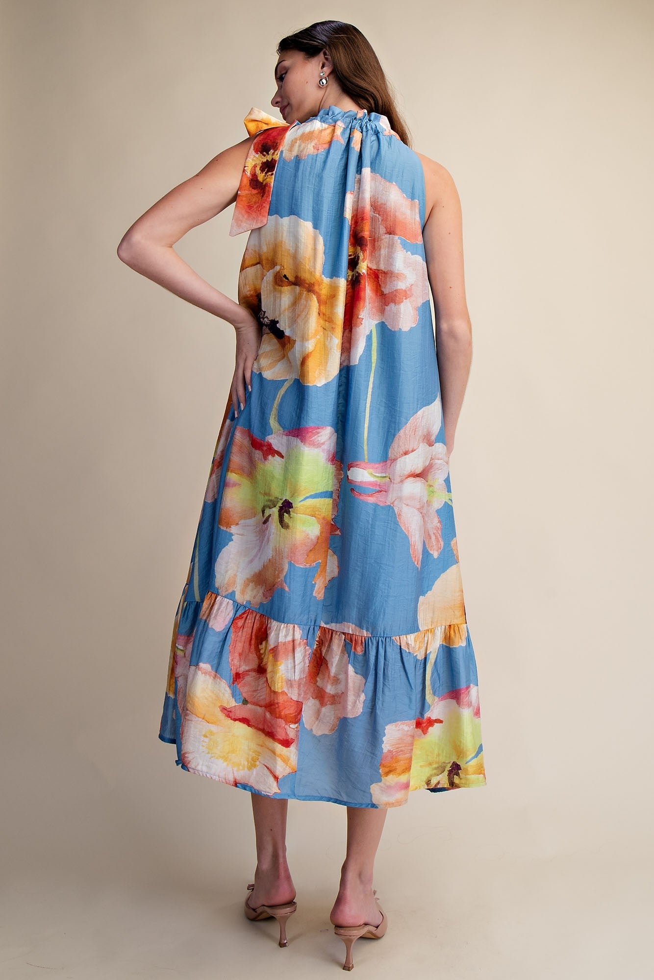 Glam Blue Ruffle Neck Tie Sleeveless Midi Floral Dress
