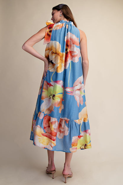 Glam Blue Ruffle Neck Tie Sleeveless Midi Floral Dress