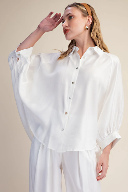 Glam White Metallic Oversized Button Down Long Sleeve Shirt Blouse