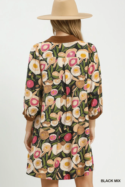 Umgee Black Mix Floral Contrast Trim Shift Mini Dress