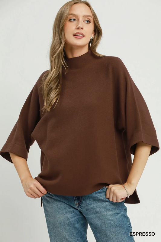 Umgee Espresso Mock Neck Dolman Sleeve Sweater Top
