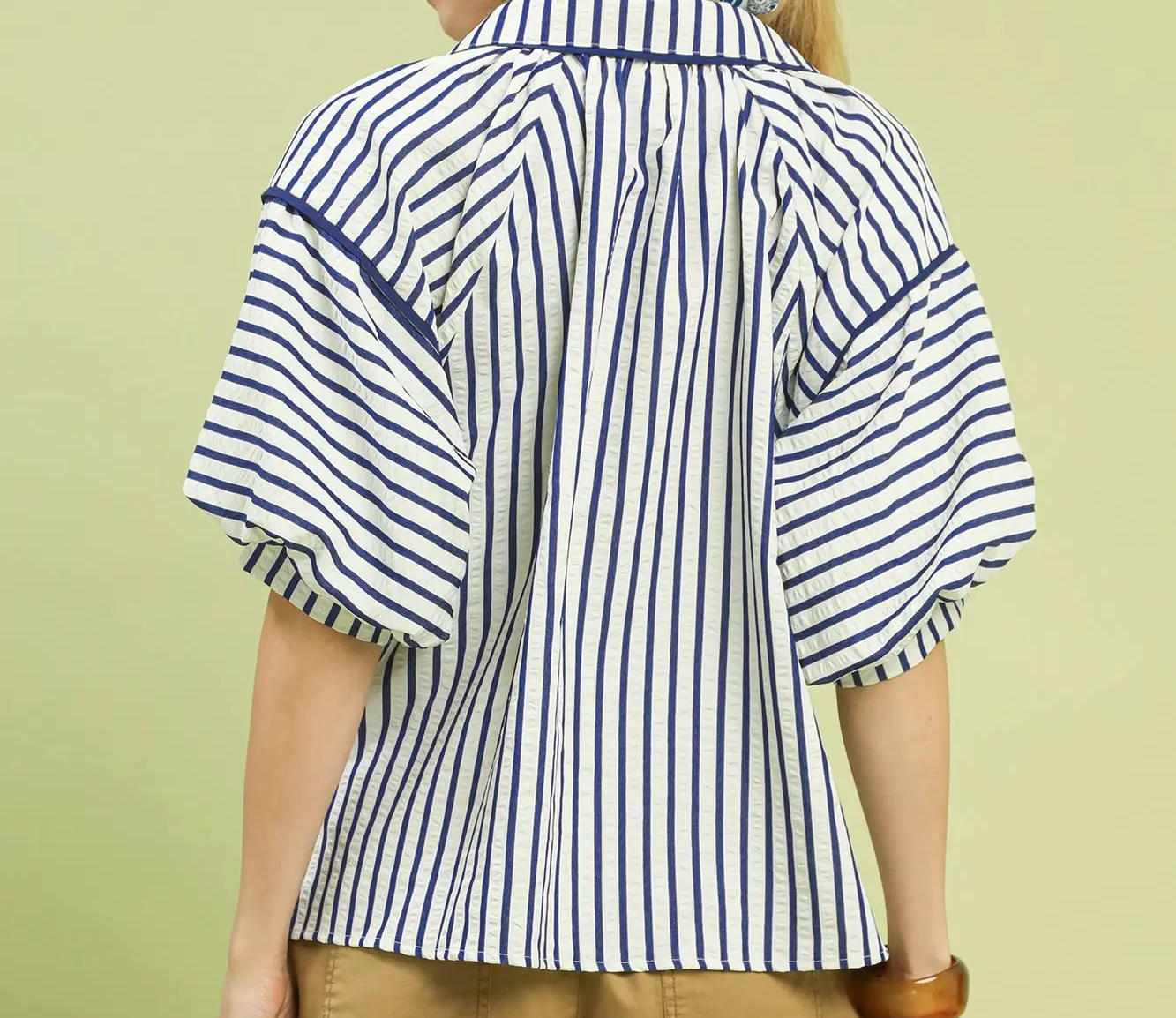 Umgee Navy Chevron Stripe Collared Relaxed Top