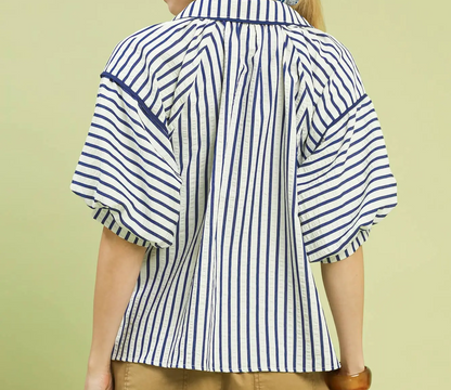 Umgee Navy Chevron Stripe Collared Relaxed Top