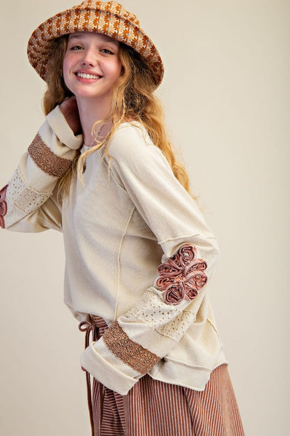 Easel Long Sleeve Boatneck Lace Mineral Washed Pullover