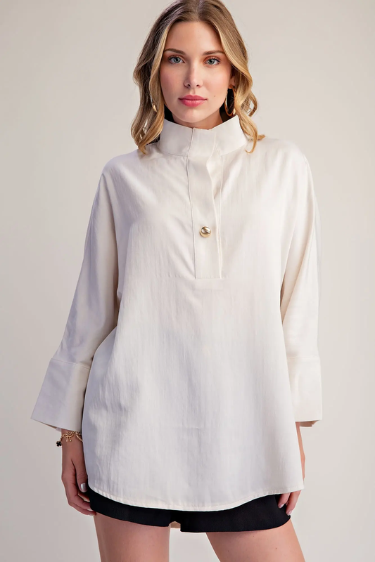 Glam Ivory Stand Neck Button Placket Dolman Sleeves Shirt