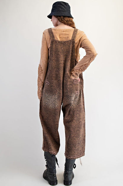 Easel Mocha Brown Animal Printed Washed Denim Overalls