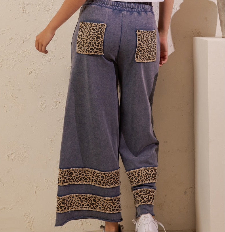 Sage + Fig Denim Leopard Trim Lounge Pants
