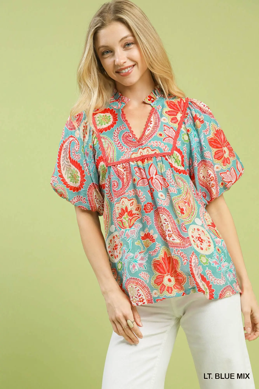 Umgee Light Blue Mix Paisley Print Blouse with Puff Sleeves