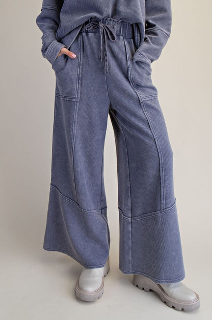 Easel Washed Denim Textured Mineral Washed Bell Bottom Pants