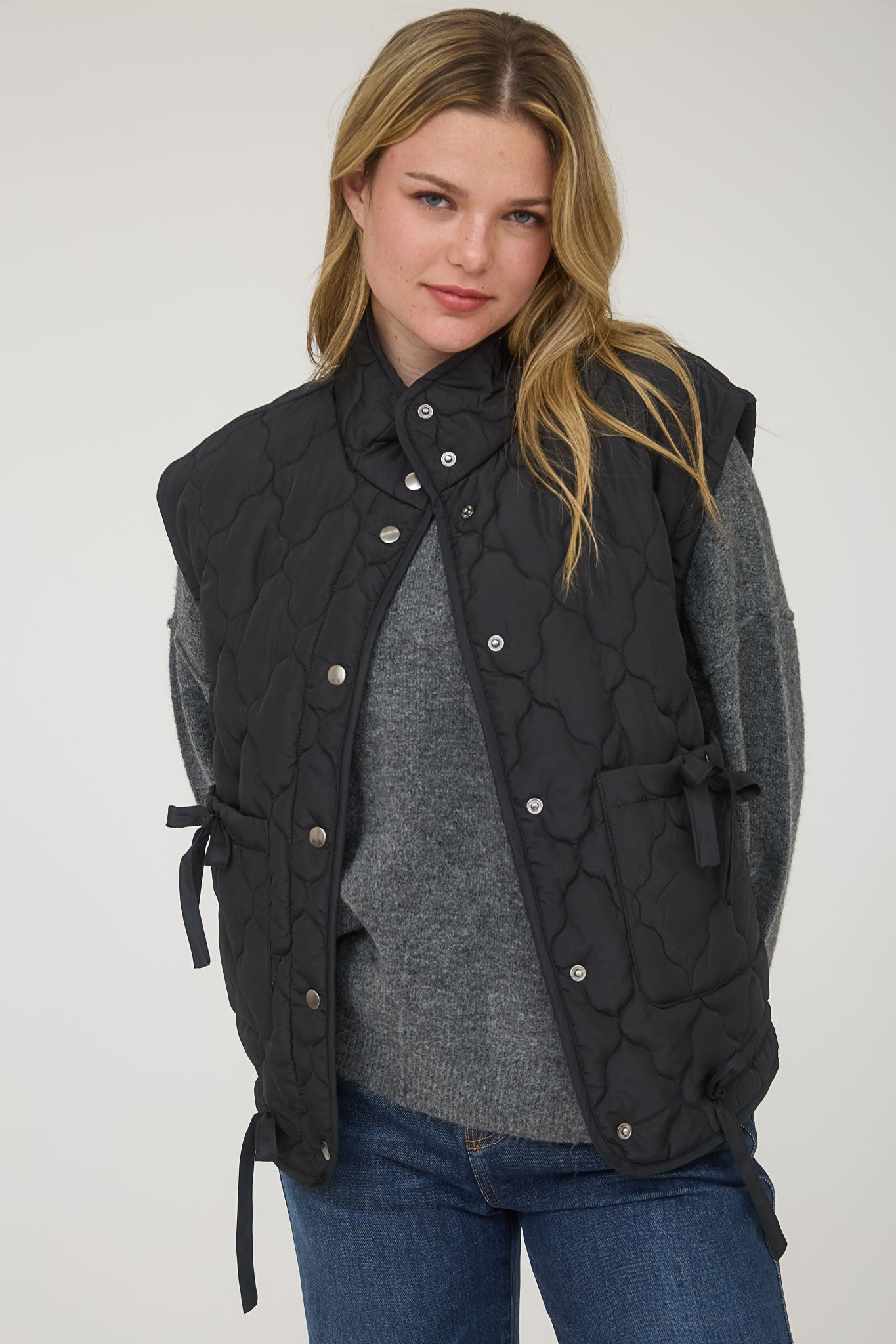 Blu Pepper Plus Tie Detail Snap Button Down Quilted Puffer Vest