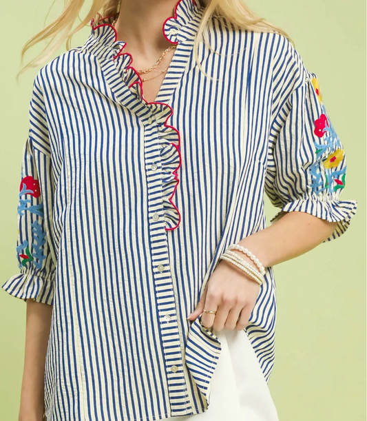 Umgee Plus Size Blue Embroidered Ruffle Trim Stripe Blouse