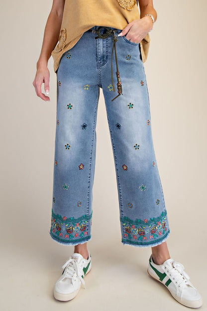 Easel Flower Embroidered Denim Pants