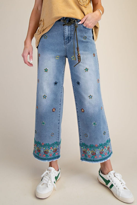 Easel Flower Embroidered Denim Pants