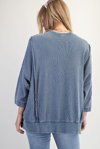 Easel Washed Denim Love Patch Front Washed Terry Pullover