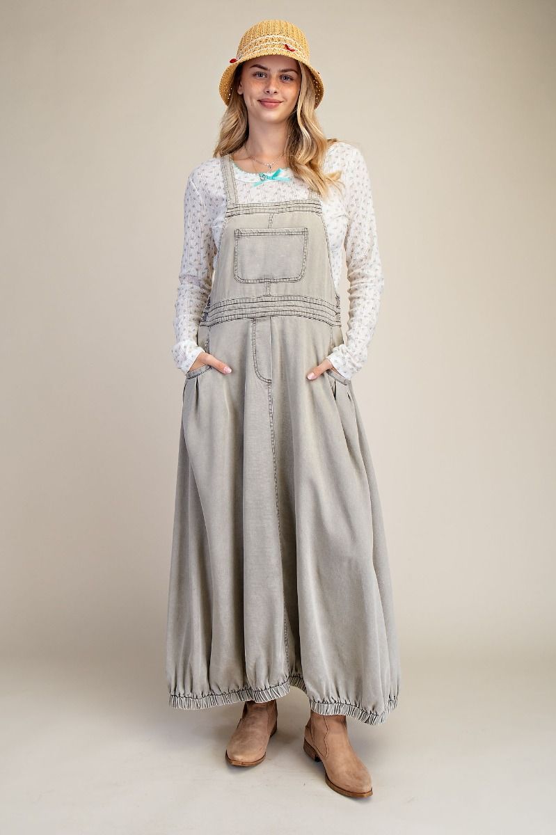 Easel Sage Grey Stone Washed Tercel Overall Dress