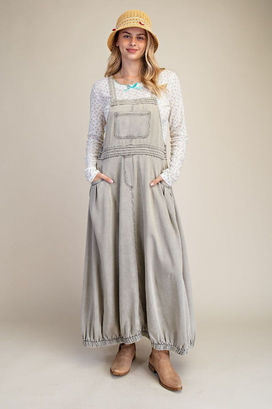 Easel Sage Grey Stone Washed Tercel Overall Dress