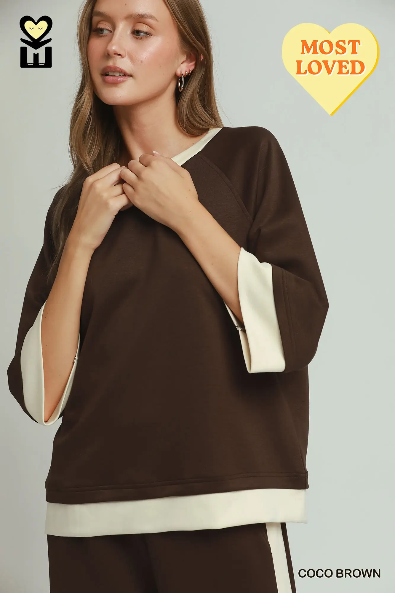 Umgee Coco Brown LUXEKNIT Colorblock Crewneck Raglan Sleeve Top