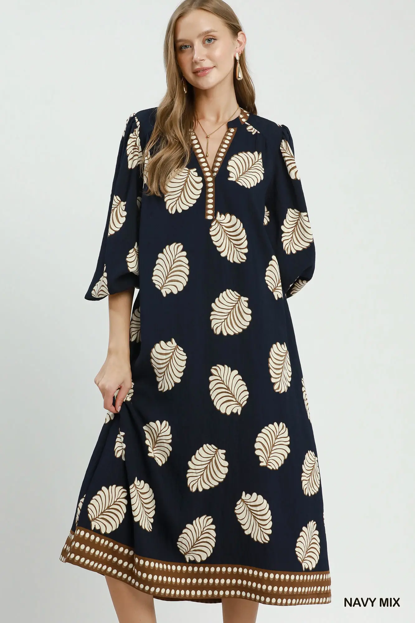Umgee Navy Mix Leaf Print Belted Midi Dress