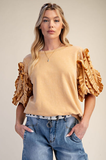 Easel Honey Latte RUFFLED SLVS MINERAL WASHED TOP
