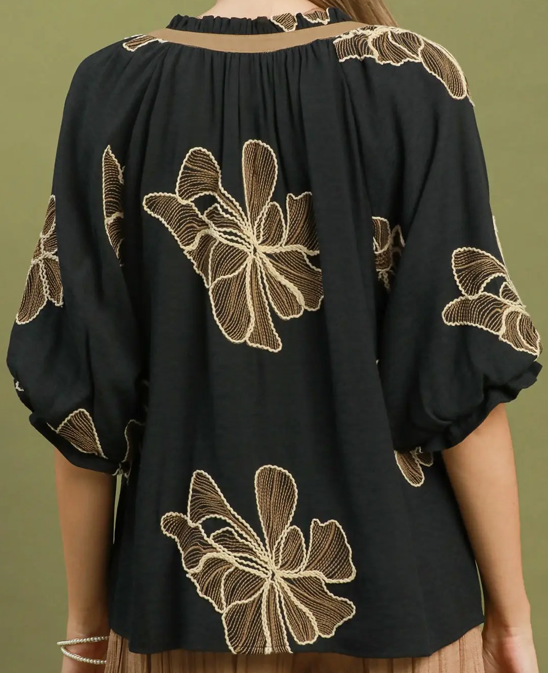 Umgee Black Floral Embroidered V-Neck Relaxed Top