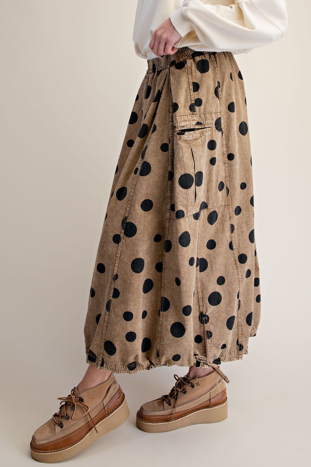 EASEL MOCHA POLKA DOTS PRINT WASHED WOVEN SKIRT