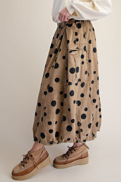EASEL MOCHA POLKA DOTS PRINT WASHED WOVEN SKIRT