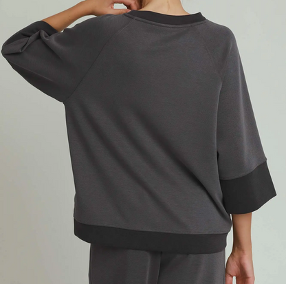 Umgee Charcoal CLOUDKNIT Modal & Tencel 3/4 Raglan Sleeve Colorblock Crewneck Top