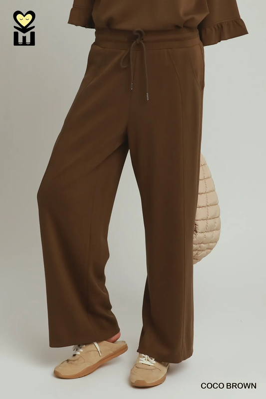 Umgee Plus Size Coco Brown SELECT LUXEKNIT Wide Leg Pants with Elastic Waistband & Drawstring