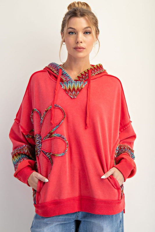 Easel Daisy Patch Washed Terry Hoodie Pullover