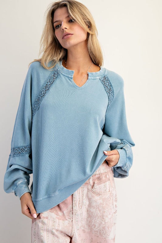Easel Dusty Blue Crochet Tape Detailing Washed Terry Pullover