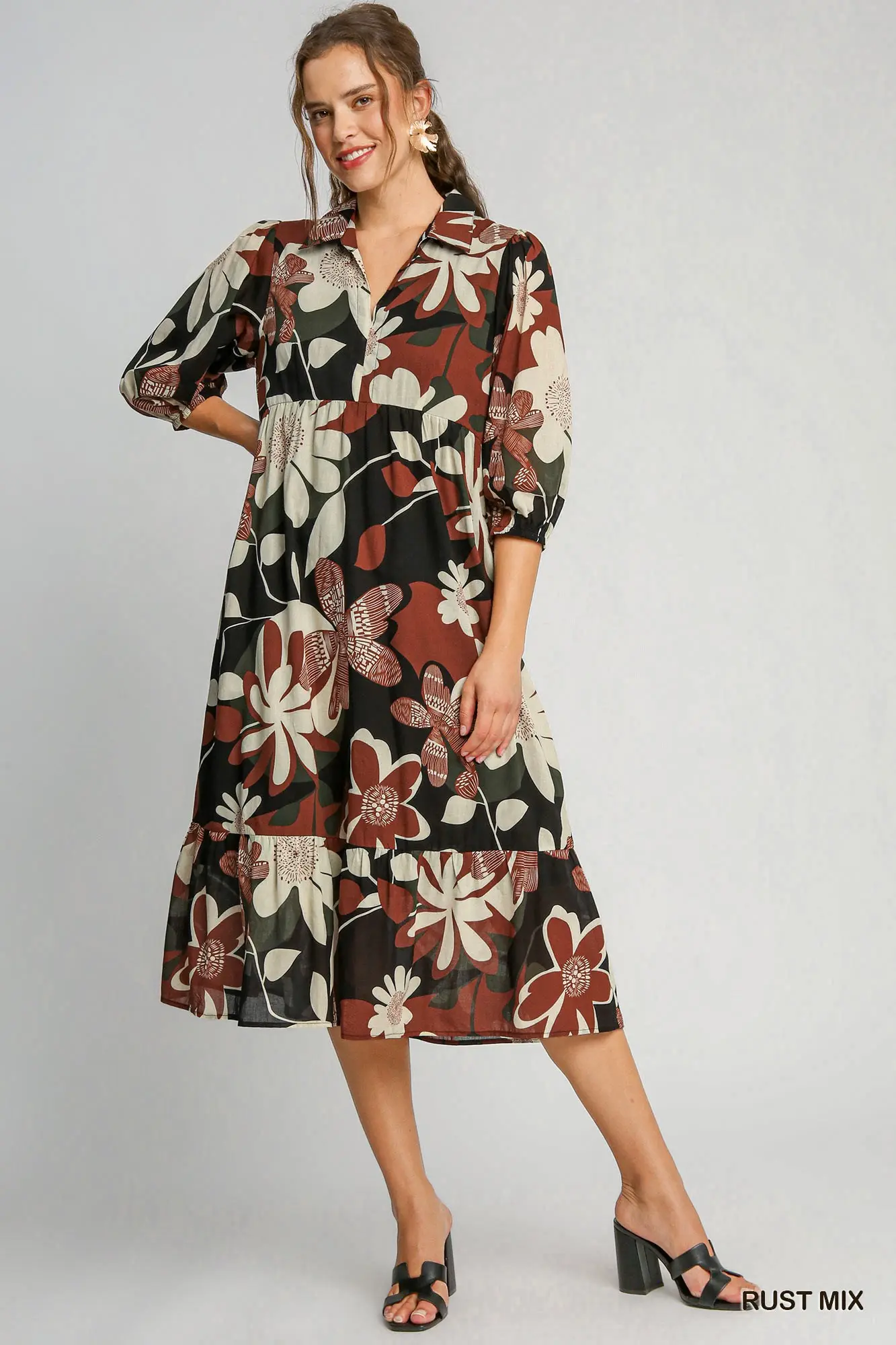 Umgee Rust Mix Floral Abstract Print Tiered Dress