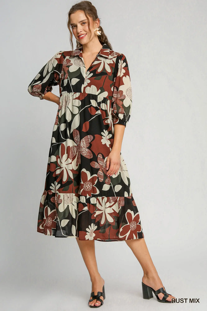 Umgee Rust Mix Floral Abstract Print Tiered Dress