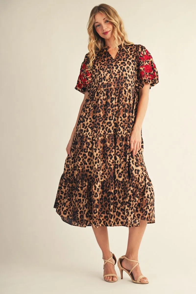 Jodifl Animal Print Tiered Dress with Embroidered Puff Sleeves