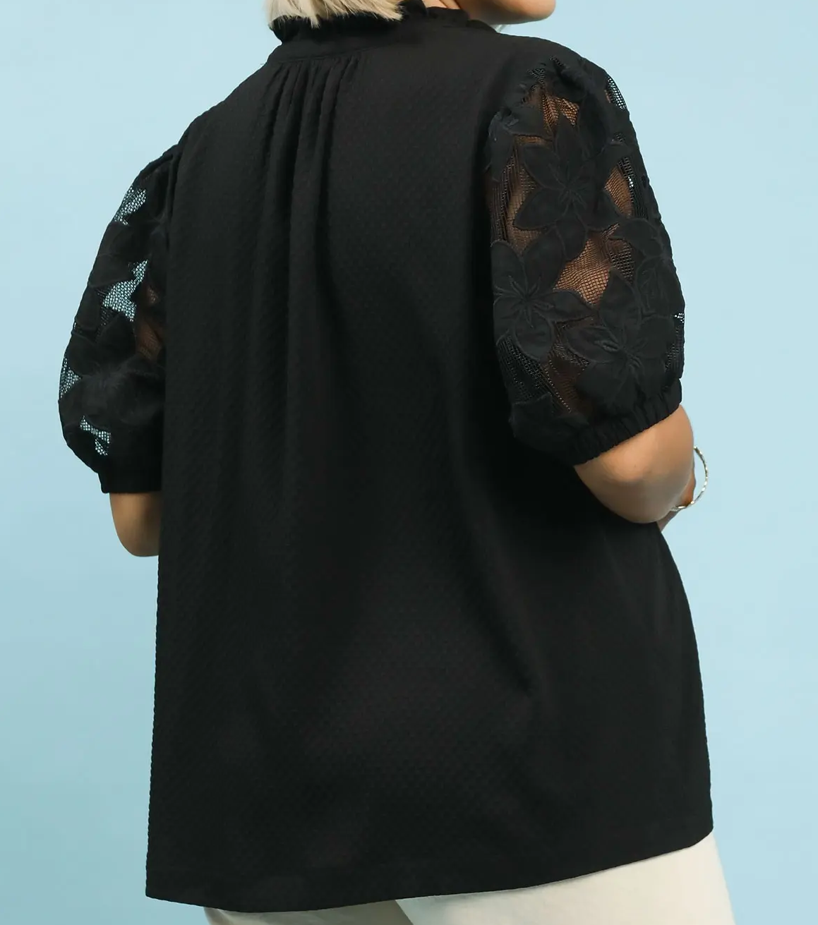 Umgee Plus Size Black Textured Blouse with Lace Contrast Sleeves