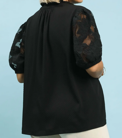 Umgee Plus Size Black Textured Blouse with Lace Contrast Sleeves