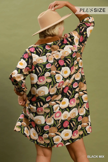 Umgee Plus Size Black Mix Floral Contrast Trim Shift Mini Dress