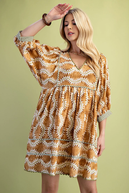 Gigio Printed V-Neck Mini Dress with Striped Binding and Ric-Rac Trim Details