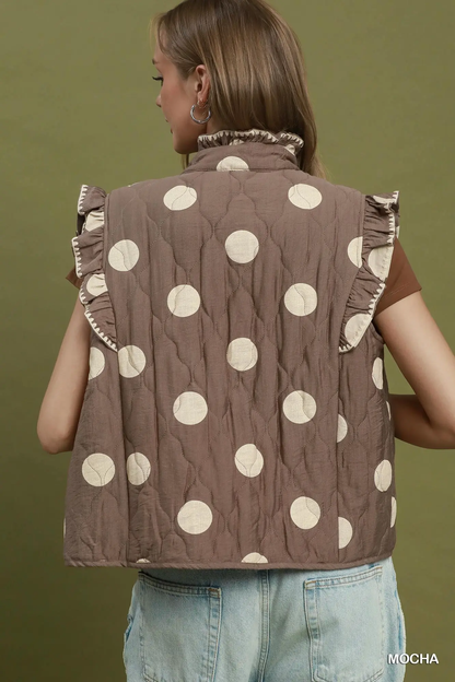 Umgee Mocha Polka Dot Quilted Ruffle Vest