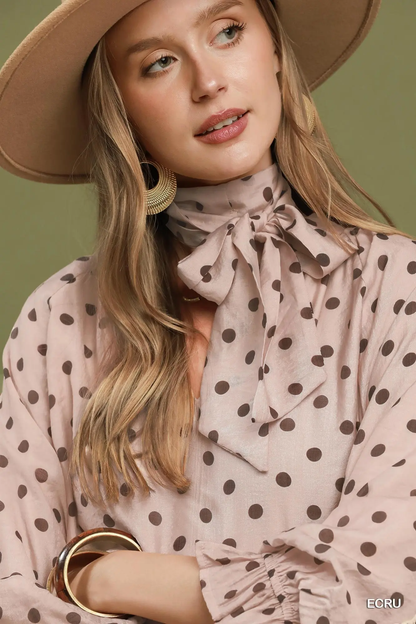 Umgee Ecru Polka Dot Split Neck Blouse with Ruffle Cuffs