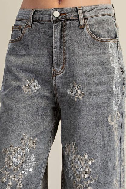 Easel Ash Denim BORDER EMBROIDERED DETAILING STONE WASHED DENIM PANTS