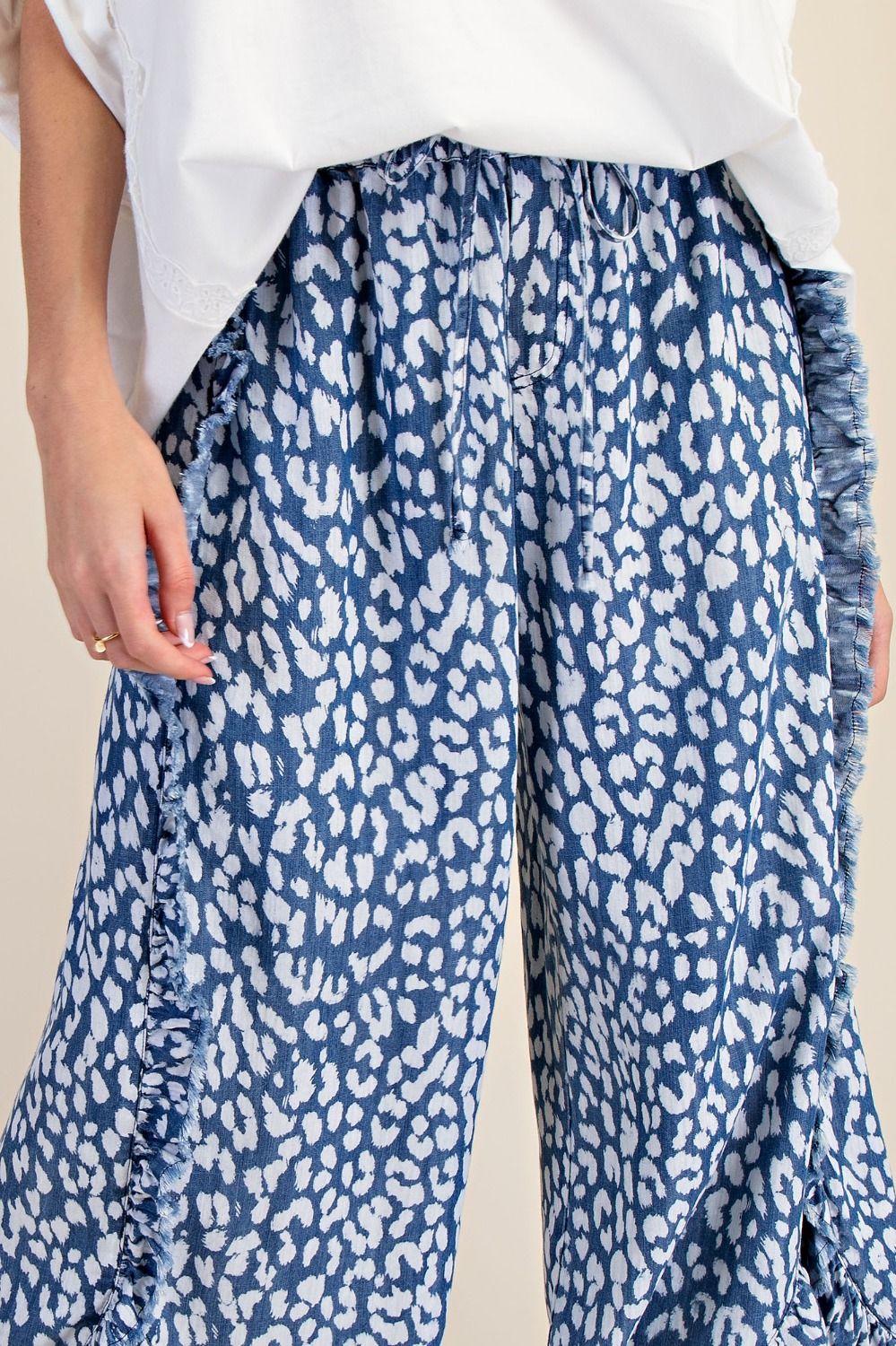 Easel Plus Size Animal Printed Chambray Frayed Detailed Pants
