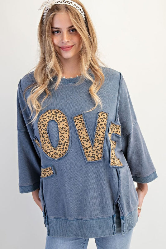 Easel Washed Denim Love Patch Front Washed Terry Pullover